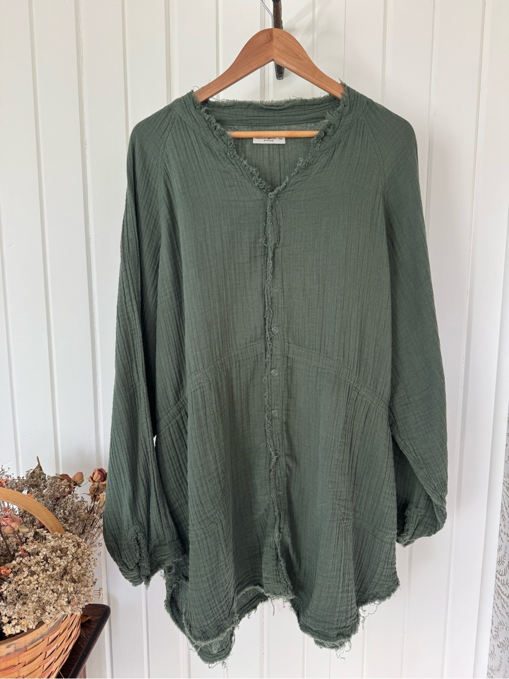 Natural Life Olive Green Cotton Gauze Distressed Boho Tunic
